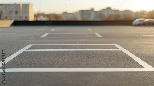 Obraz na płótnie Sunset illuminating empty parking lot, white line markings casting long shadows against blurred urban skyline, conveying urban tranquility w salonie