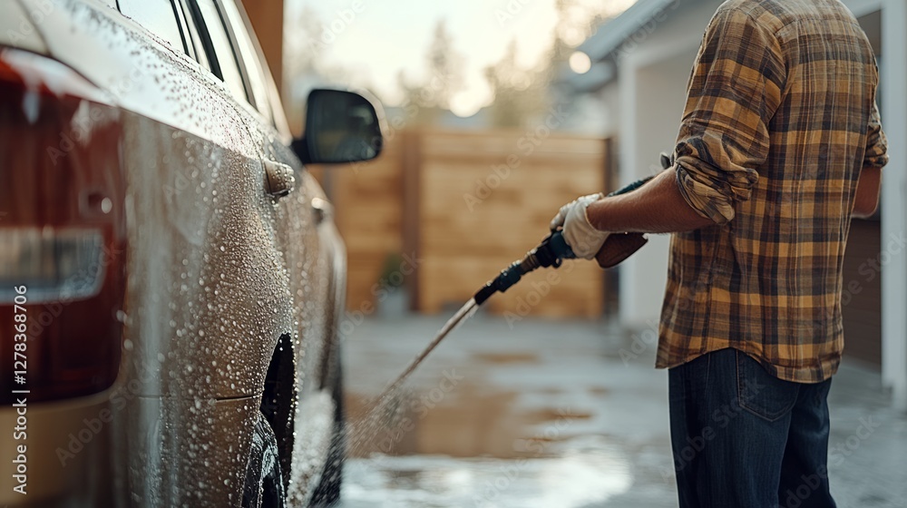 Gloved man cleaning vehicle with high pressure washer, creating soapy foam and glistening water spray along residential driveway under bright sunlight