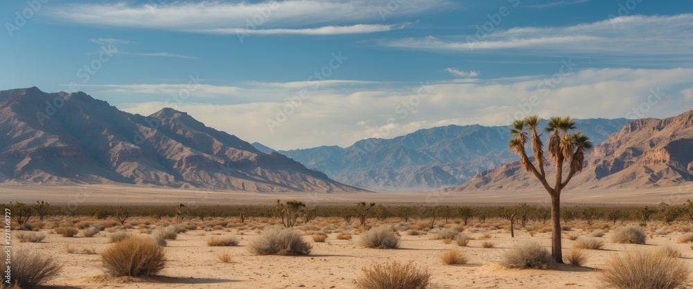 Fototapeta premium Desert Landscape with Mountains and Clear Sky Ideal for Text Overlay or Background Use
