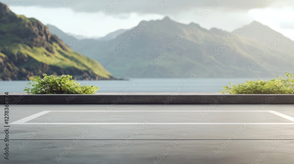 Vacant parking spot near verdant landscape, overlooking serene mountain lake and winding hiking trail, promising scenic wilderness escape