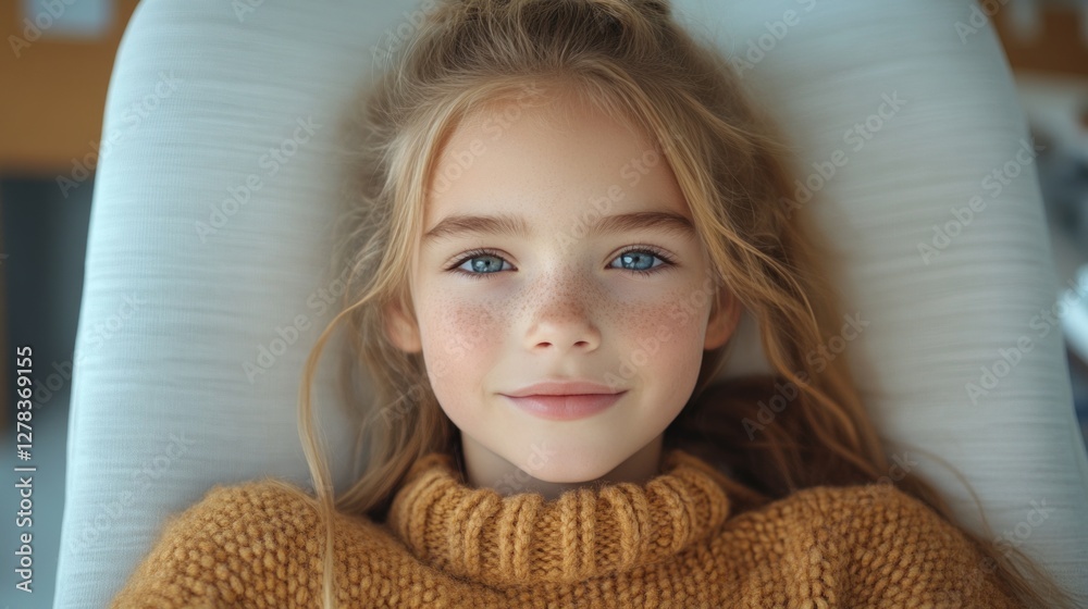 Charming girl with blue eyes and freckles relaxing on plush chair, soft lighting highlighting innocent expression and serene mood