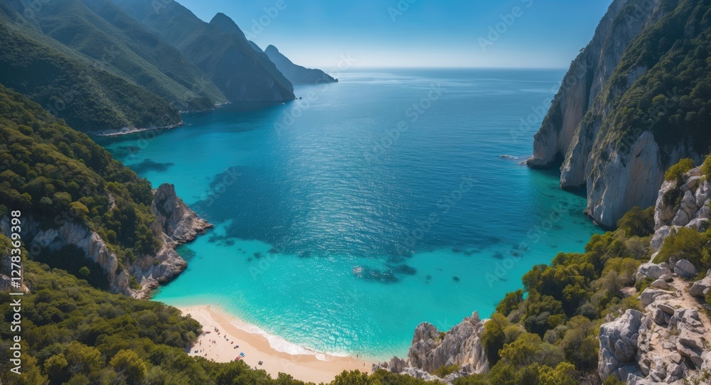 Aerial View of Pristine Azure Sea and Secluded Beach Surrounded by Lush Green Mountains Aerial View of Pristine Azure Sea and Secluded Beach Surrounded by Lush Green Mountains