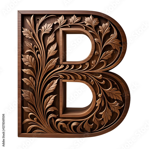A beautifully handcrafted 3D letter  B    carved from rich, dark wood. The surface feature photo