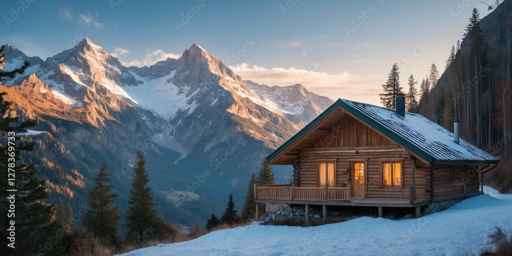 Fototapeta premium Scenic Mountain Cabin at Sunrise With Snowy Landscape and Clear Blue Sky Ideal for Travel and Nature Themes