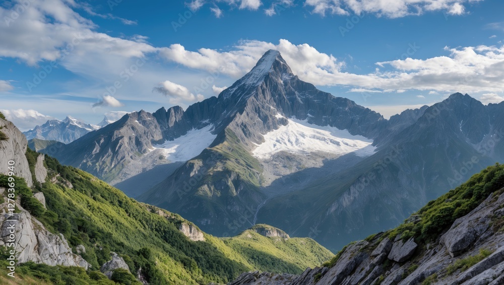 Majestic Mountain Range with Snow-Capped Peaks Surrounded by Lush Greenery and Scenic Blue Sky in the Background Majestic Mountain Range with Snow-Capped Peaks Surrounded by Lush Greenery and Scenic Blue Sky in the Background