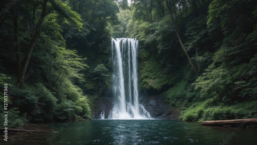 Obraz premium Majestic Waterfall Cascading Through Lush Green Forest Surrounded by Tranquil Nature and Reflections in Clear Water.