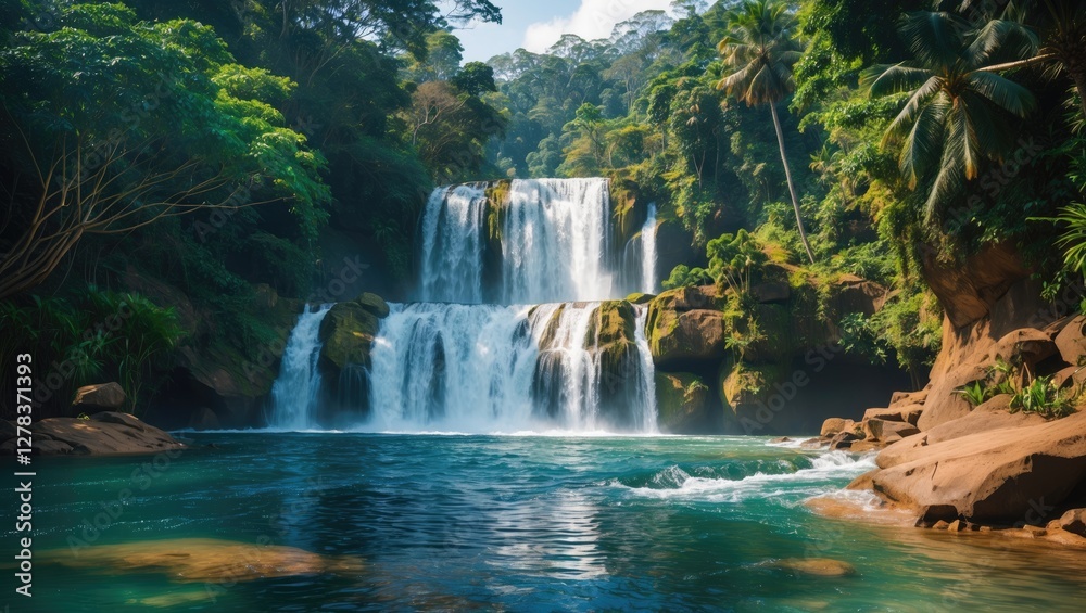 Fototapeta premium Serene Tropical Waterfall Flowing into Tranquil Pool Surrounded by Lush Greenery in Sri Lanka's Natural Landscape