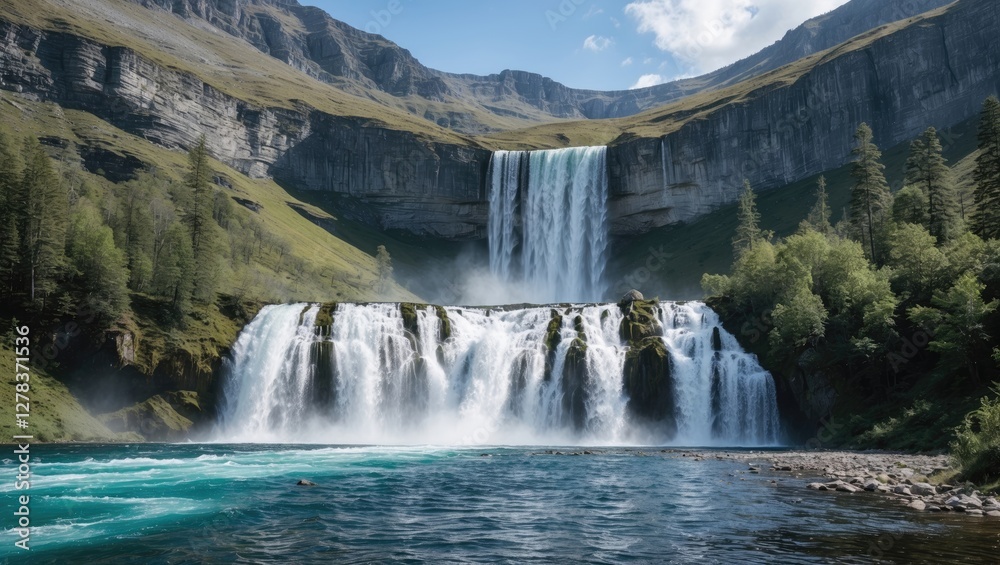 Fototapeta premium Majestic Waterfall Cascading From Mountain Range Surrounded By Lush Greenery In National Park With Clear Blue Waters And Space For Text