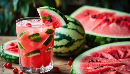 Wallpaper Mural Refreshing Watermelon Cocktail Served in a Glass with Fresh Watermelon Slices on Wooden Table Surrounded by Watermelons and Greenery Torontodigital.ca