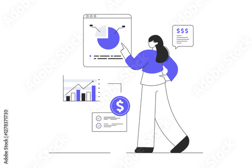 Virtual finance. Data science. Woman making research of statistics and analyzes datum at web pages. Flat Cartoon Vector Illustration, icon. Stylish abstract Flat design for website