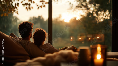 Cozy Sunset Moment: A couple shares a quiet moment together, cuddling up to watch a stunning sunset through a large window.