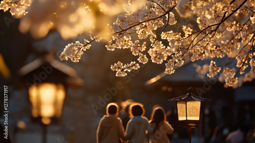 Cherry Blossom Stroll: Three figures stroll beneath a canopy of delicate cherry blossoms bathed in golden hour light, the lanterns cast a warm glow on the scene.