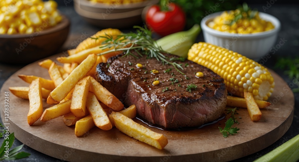 Succulent Well Done Steak Accompanied by Crispy Fries and Sweet Corn on a Wooden Platter for a Mouthwatering Culinary Delight Succulent Well Done Steak Accompanied by Crispy Fries and Sweet Corn on a Wooden Platter for a Mouthwatering Culinary Delight