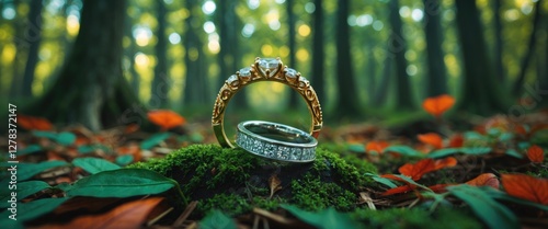 Elegant wedding rings displayed on lush moss in a serene forest setting with autumn leaves, symbolizing love and nature's beauty. photo