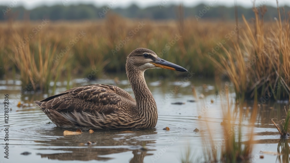 Naklejka premium Dabbling duck swimming in tranquil wetlands surrounded by tall grasses and marsh vegetation under soft natural lighting.