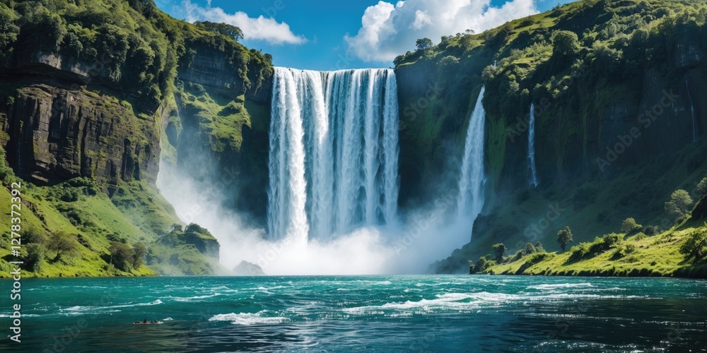 Fototapeta premium Majestic waterfall cascading into turquoise lake with lush green surroundings and clear blue sky ideal for travel or nature-themed designs.