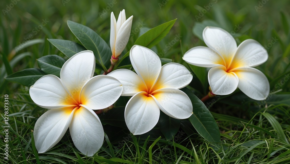 Fototapeta premium Plumeria Flowers with Yellow Accents on Vibrant Green Grass Background