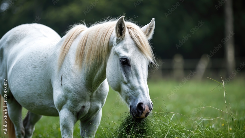 Obraz premium Serene White Pony Grazing in Lush Green Grass Under Soft Natural Light in Countryside Setting