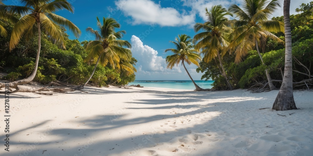 Tropical beach scene with white sand and palm trees under a clear blue sky providing ample copy space for promotional text. Tropical beach scene with white sand and palm trees under a clear blue sky providing ample copy space for promotional text.