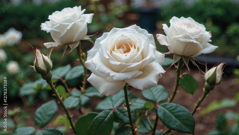 Delicate White Roses Blooming in a Serene Garden Setting with Lush Green Foliage and Graceful Buds Ready to Blossom Delicate White Roses Blooming in a Serene Garden Setting with Lush Green Foliage and Graceful Buds Ready to Blossom
