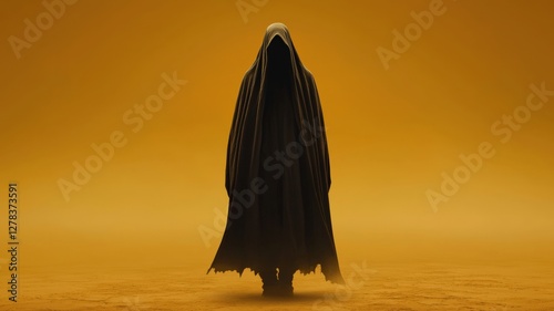 A mysterious figure in a long cloak walking alone through a fog-covered wasteland, the remnants of civilization barely visible