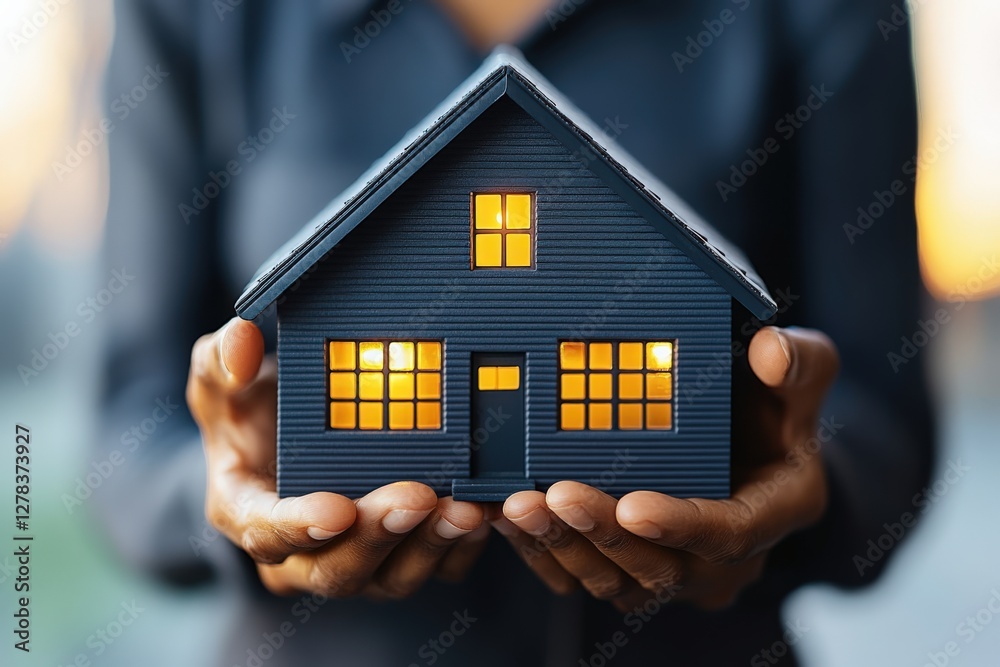 A Close-Up of an Adult Black Woman Holding a Miniature Black House with Illuminated Windows Against a Warm Background, Representing Homeownership and Real Estate A Close-Up of an Adult Black Woman Holding a Miniature Black House with Illuminated Windows Against a Warm Background, Representing Homeownership and Real Estate