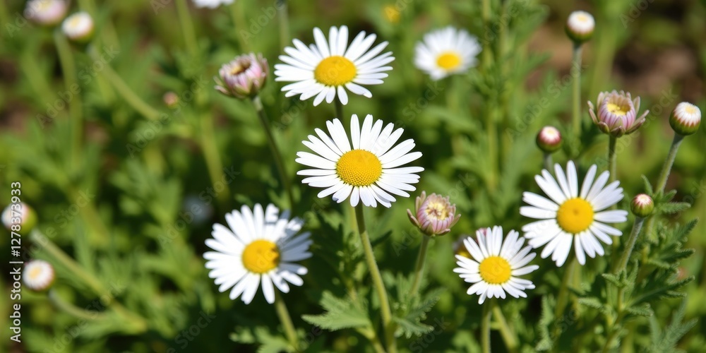 Beautiful Wild Daisy Flowers Blooming in Natural Green Habitat in Springtime Beautiful Wild Daisy Flowers Blooming in Natural Green Habitat in Springtime