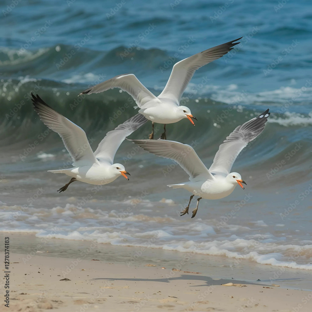 Three Caribbean Laughing Gulls gracefully soaring over the crystal-clear waters of Baby Beach, capturing. Three Caribbean Laughing Gulls gracefully soaring over the crystal-clear waters of Baby Beach, capturing.