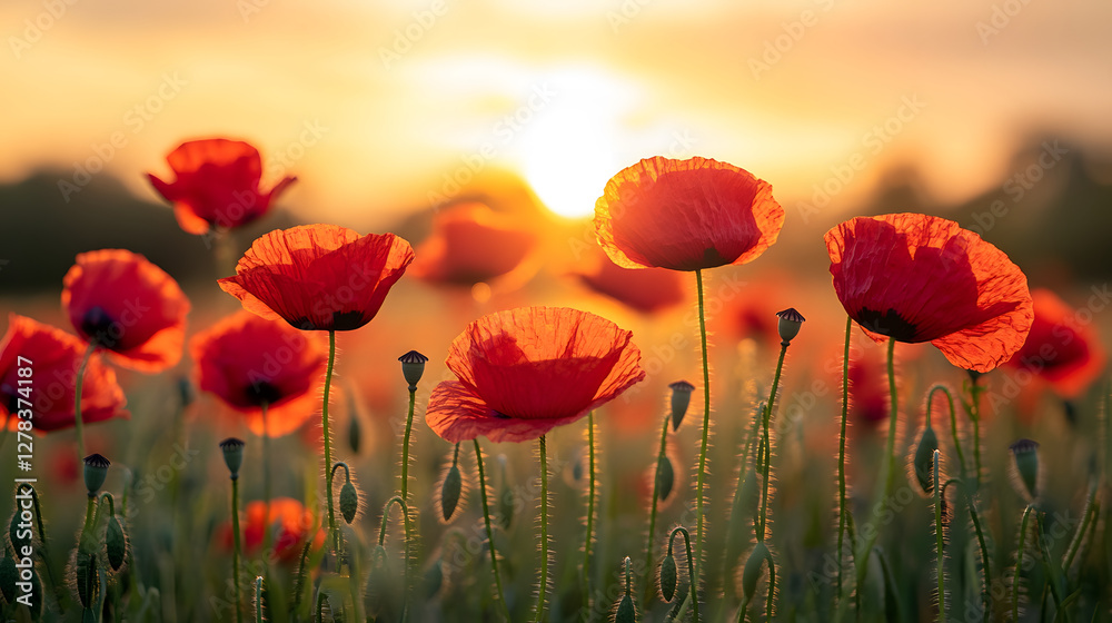 Fototapeta premium Vibrant poppy flowers in a sunlit field at sunset