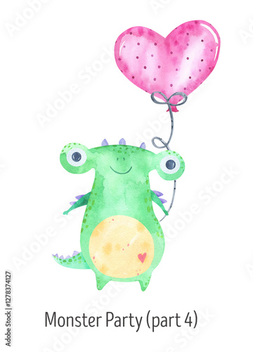 Watercolor funny monsters card, layout. Design for birthday party, baby shower, greeting card. Confetti, balloon heart, characters, colorful aliens, party. Funny friends, emotions little monsters