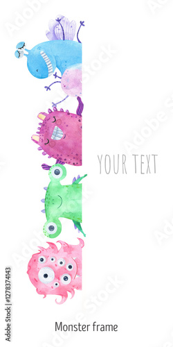 Watercolor funny monsters card, layout. Design for birthday party, baby shower, greeting card. Confetti, characters,  aliens, party, celebration. Funny friends, emotions little monsters