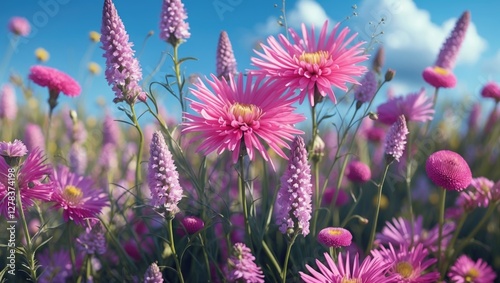 Vibrant field of pink wildflowers showcasing Dianthus Superbus among lush greenery and a bright blue sky with fluffy clouds. photo