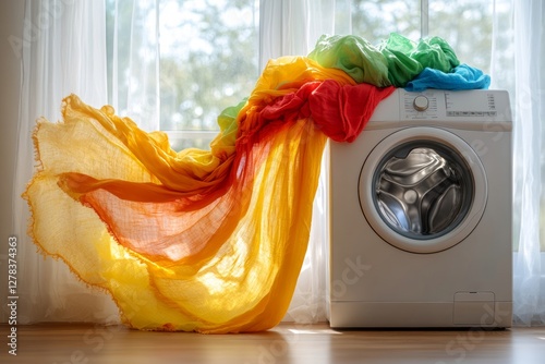 Obraz na płótnie Colorful laundry cascading over sleek washer, natural light highlighting clean appliance and soft textile textures near bright window w salonie