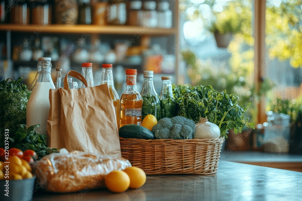 Kitchen counter displaying fresh produce, bread, milk alongside stocked pantry jars, showcasing abundant healthy food preparation and home cooking