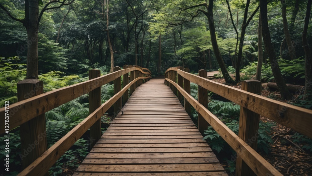 Obraz premium Wooden Bridge Pathway Through Lush Green Forest Park Surrounded By Dense Foliage And Natural Beauty Ideal For Nature Walks And Relaxation
