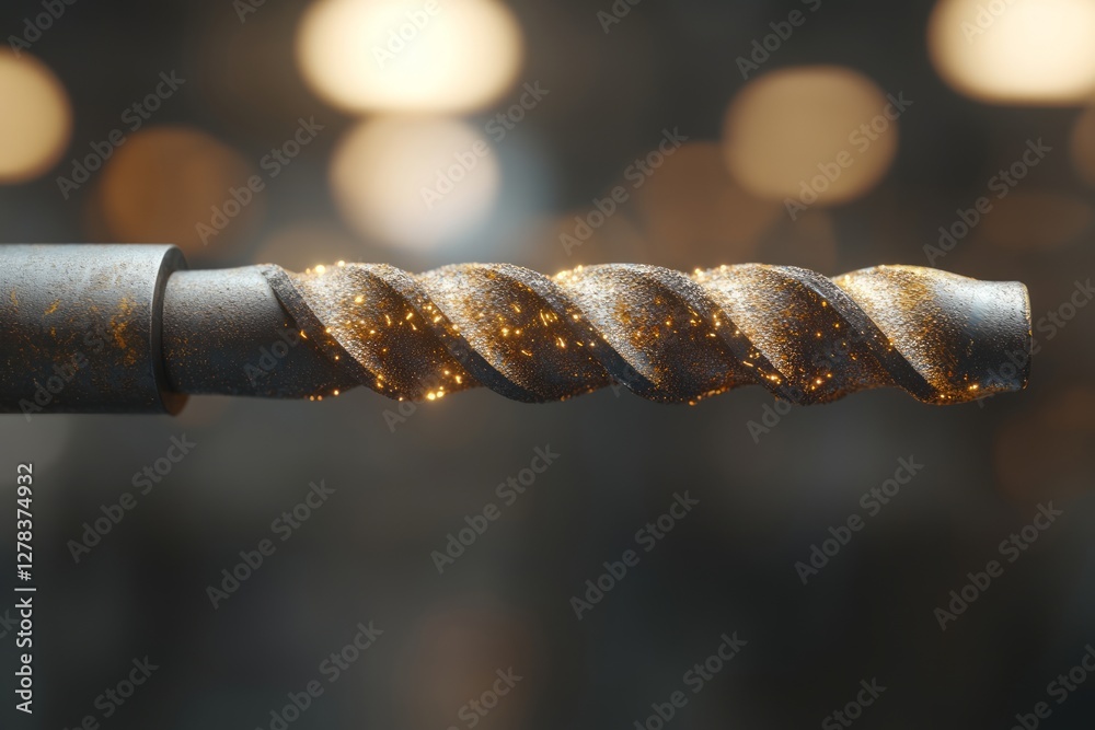 Metallic drill bit gleaming with golden dust particles, highlighting precision manufacturing in gritty workshop environment