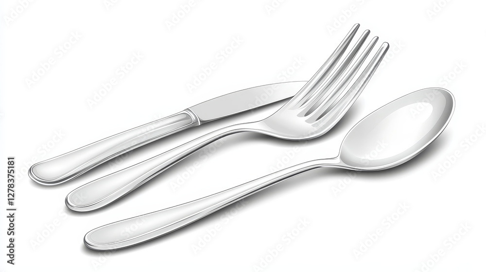 3D set of fork, knife and spoon isolated on white background. Vector realistic illustration of silver or stainless steel cutlery collection, modern restaurant kitchen flatware design, dining tools 3D set of fork, knife and spoon isolated on white background. Vector realistic illustration of silver or stainless steel cutlery collection, modern restaurant kitchen flatware design, dining tools