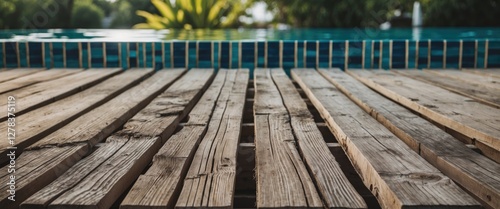 Wooden Decking Next to Swimming Pool with Lush Greenery and Clear Water Offering Space for Text or Advertisements