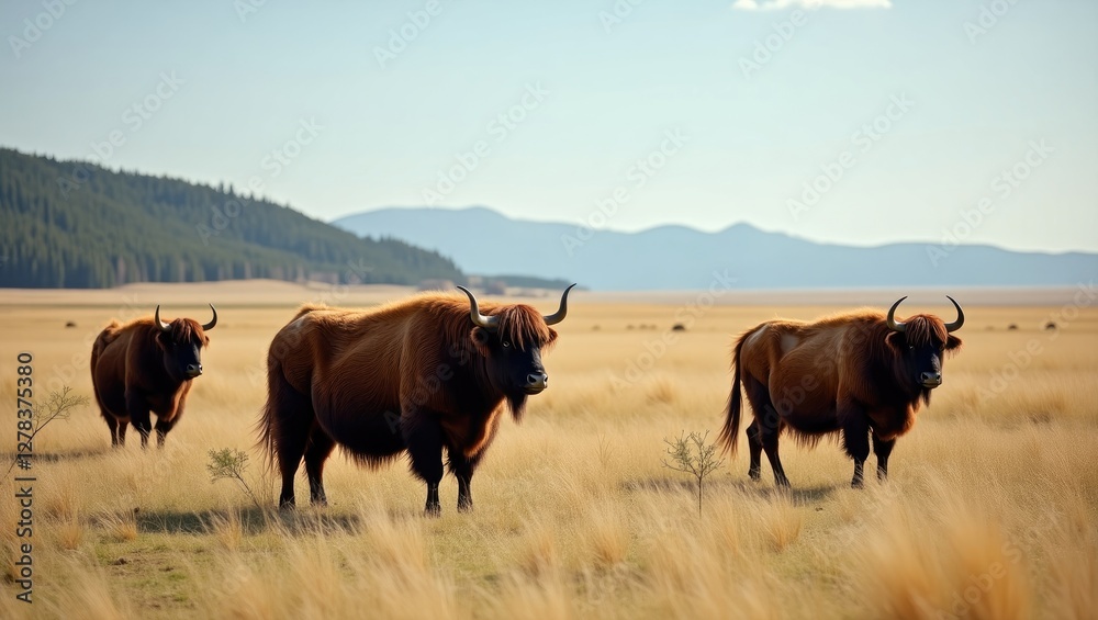 Yaks Grazing in Open Field Landscape with Mountains and Blue Sky Creating Ideal Space for Text or Branding Yaks Grazing in Open Field Landscape with Mountains and Blue Sky Creating Ideal Space for Text or Branding