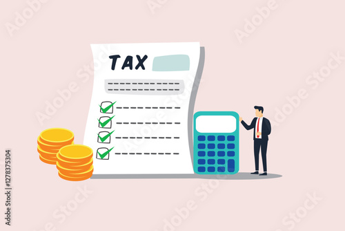 Income tax filing, calculate revenue and filling tax form, expert complete checklist for all reduction, refund and payment concept, expertise businessman completed tax filing form with calculator