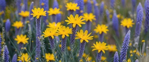 Vibrant yellow Xyris flowers amidst lush purple blossoms in a beautiful spring meadow creating a colorful natural landscape. photo