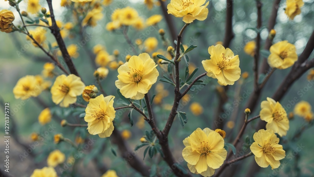 Vibrant Yellow Flowers on Branches with Blurry Background and Space for Custom Text in Nature Inspired Design Vibrant Yellow Flowers on Branches with Blurry Background and Space for Custom Text in Nature Inspired Design