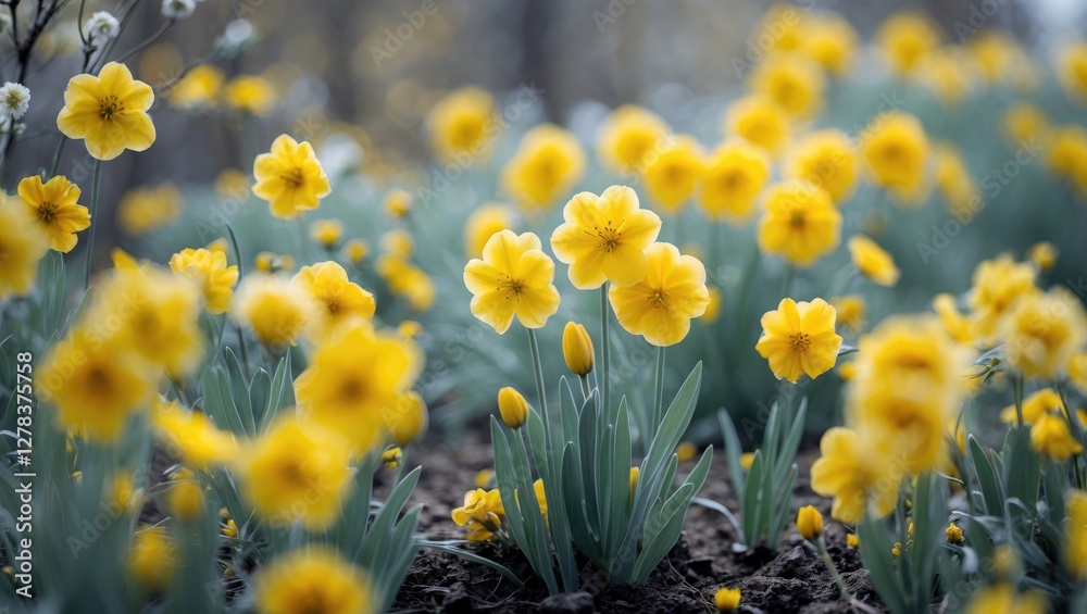 Fototapeta premium Vibrant Yellow Daffodils Blooming In Springtime Garden Capturing Nature's Beauty And Renewal In Soft Morning Light