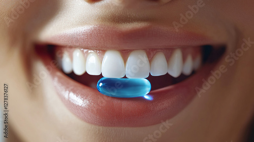 Close-up of a person smiling with a blue gel capsule on their teeth, showcasing health, wellness, and the importance of vitamins and supplements in daily routine. photo