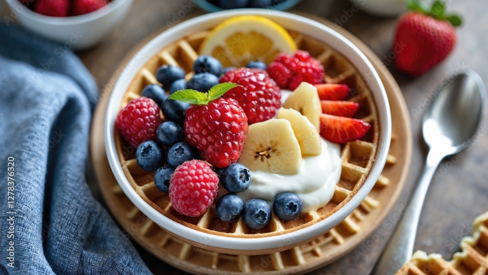 Delicious Waffle Bowl Filled With Yogurt And Fresh Berries Garnished With Mint Leaves On A Rustic Table. Delicious Waffle Bowl Filled With Yogurt And Fresh Berries Garnished With Mint Leaves On A Rustic Table.