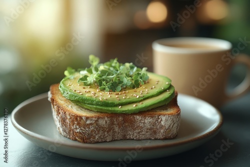 Obraz na płótnie Sliced avocado adorning multigrain toast, sprinkled with microgreens and sesame seeds. Healthy breakfast pairing with morning coffee w salonie