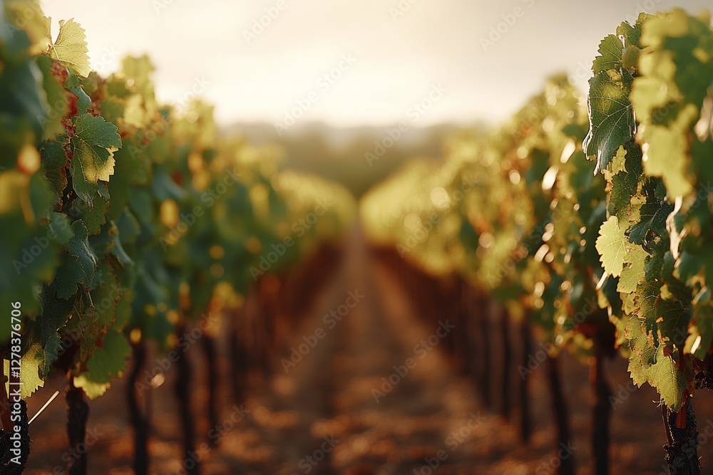 Golden rays illuminating lush vineyard rows, capturing autumnal tranquility and agricultural abundance with ripe grapes awaiting harvest season