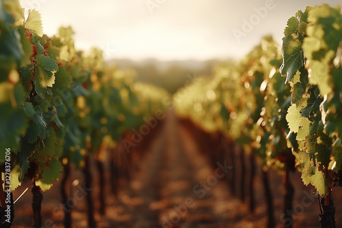Obraz na płótnie Golden rays illuminating lush vineyard rows, capturing autumnal tranquility and agricultural abundance with ripe grapes awaiting harvest season w salonie