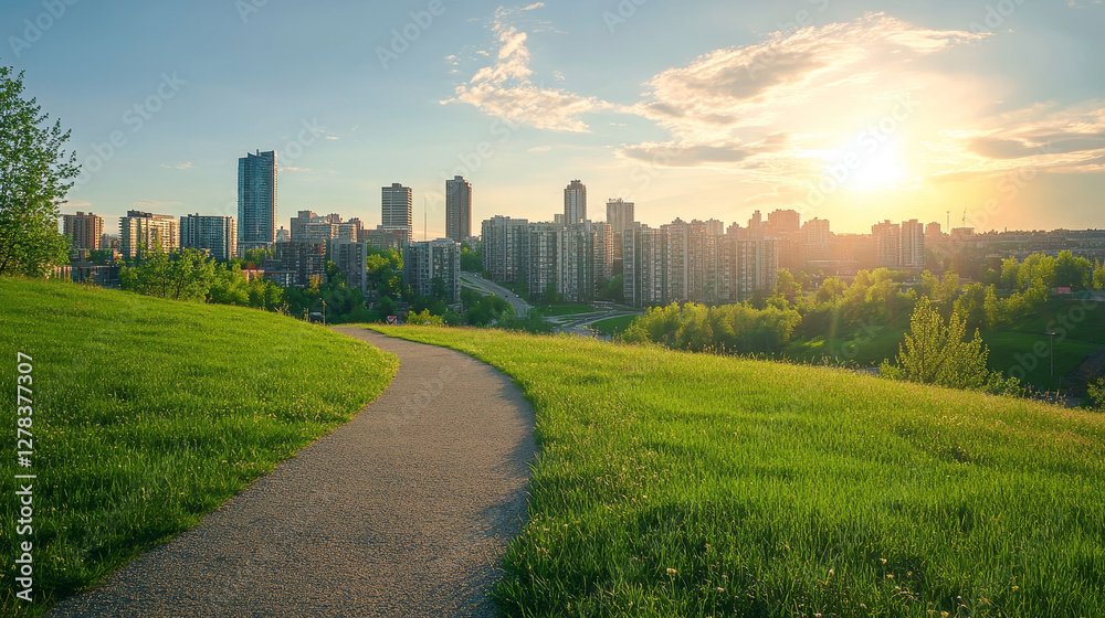 City skyline, summer urban view background with skyscrapers, green lawn and pathway. Summertime cityscape. downtown with architecture with residential buildings panorama, Cartoon vector illustration City skyline, summer urban view background with skyscrapers, green lawn and pathway. Summertime cityscape. downtown with architecture with residential buildings panorama, Cartoon vector illustration