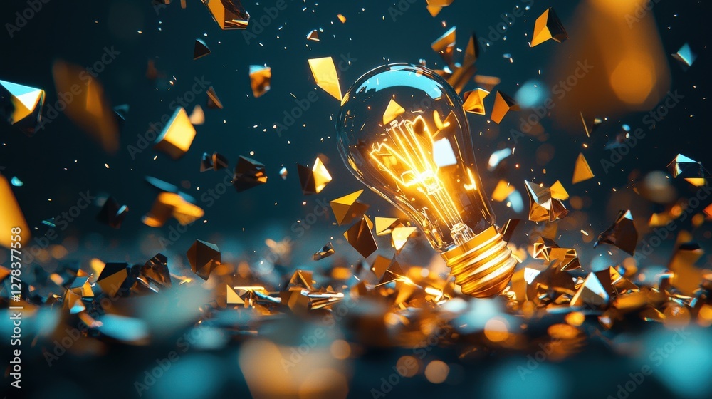 Naklejka premium Shattered Light Bulb with Sparks and Shimmering Particles